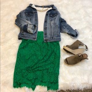 J crew emerald green lace pencil skirt size 6